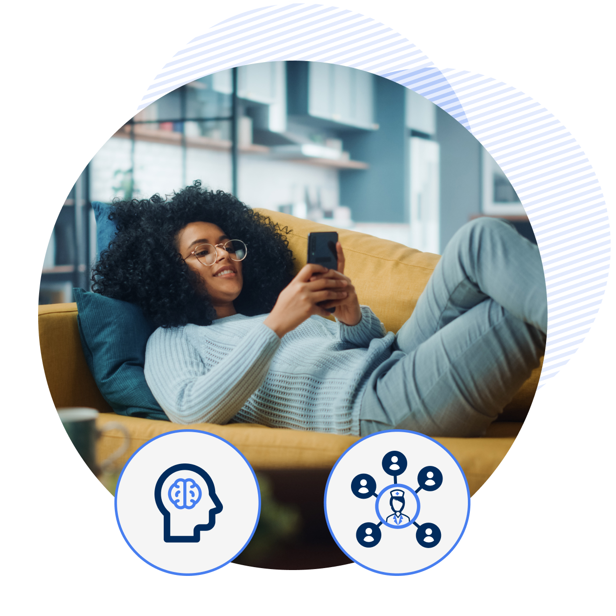 patient on her sofa holding a phone